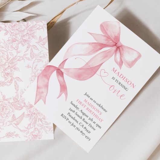 Pink Coquette Bow Birthday Party 招待状