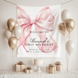 Pink Coquette Bow Birthday Party Welcome Sign タペストリー