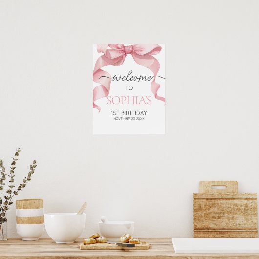 Pink Coquette Bow Birthday Party Welcome Signs ポスター (キッチン)