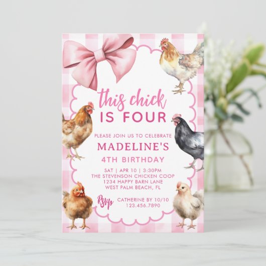 Pink Coquette Bow Boho Girl Chicken Birthday Party 招待状 (スタンド正面)