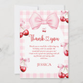 Pink Coquette Bow Cherry Birthday サンキューカード (正面)