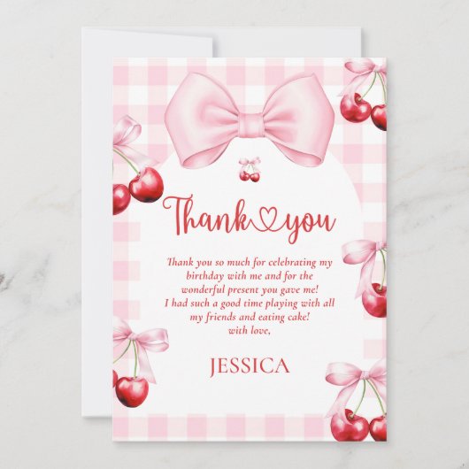Pink Coquette Bow Cherry Birthday サンキューカード (正面)