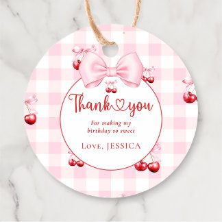 Pink Coquette Bow Cherry Birthday Party Thank You フェイバータグ