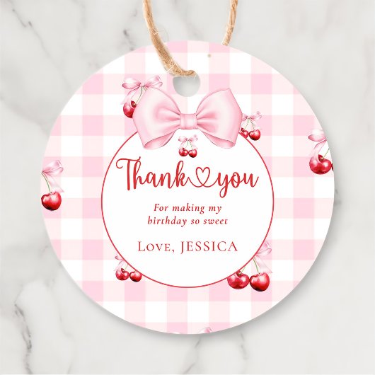 Pink Coquette Bow Cherry Birthday Party Thank You フェイバータグ