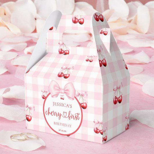 Pink Coquette Bow Cherry First Birthday Party フェイバーボックス (ウェディング)