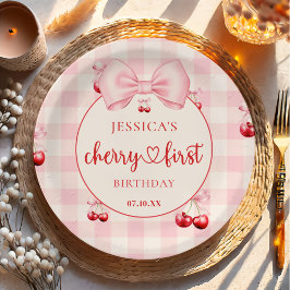 Pink Coquette Bow Cherry First Birthday Party ペーパープレート