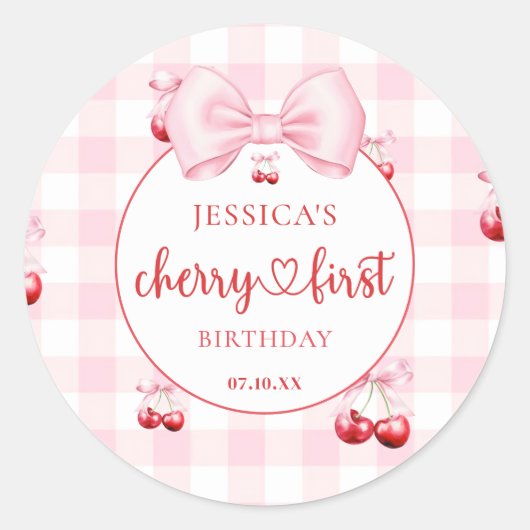 Pink Coquette Bow Cherry First Birthday Party ラウンドシール (正面)