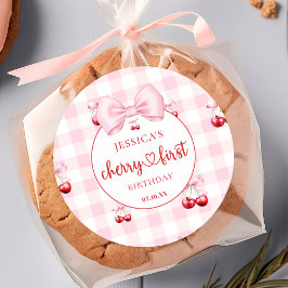 Pink Coquette Bow Cherry First Birthday Party ラウンドシール