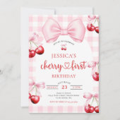 Pink Coquette Bow Cherry First Birthday Party  招待状 (正面)