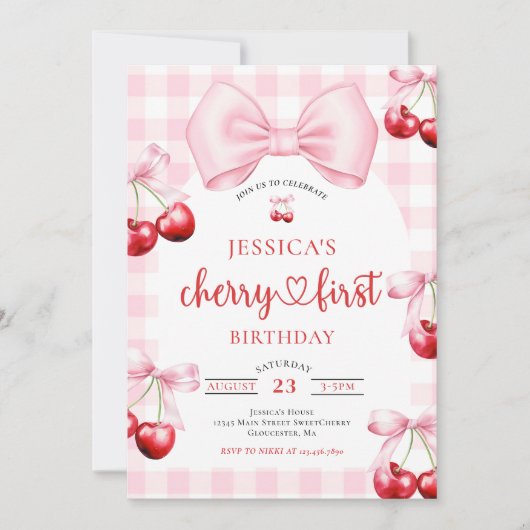 Pink Coquette Bow Cherry First Birthday Party  招待状 (正面)