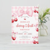 Pink Coquette Bow Cherry First Birthday Party  招待状 (スタンド正面)