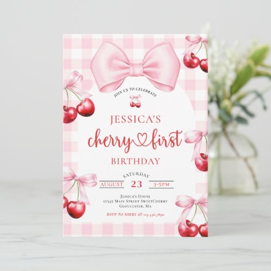 Pink Coquette Bow Cherry First Birthday Party  招待状 (スタンド正面)