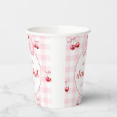 Pink Coquette Bow Cherry First Birthday Party 紙コップ (左)