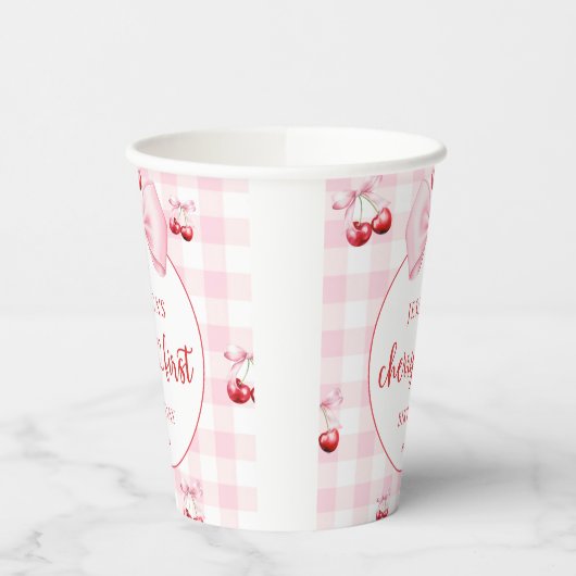 Pink Coquette Bow Cherry First Birthday Party 紙コップ (左)