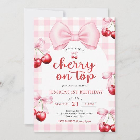 Pink Coquette Bow Cherry On Top Birthday Party  招待状 (正面)