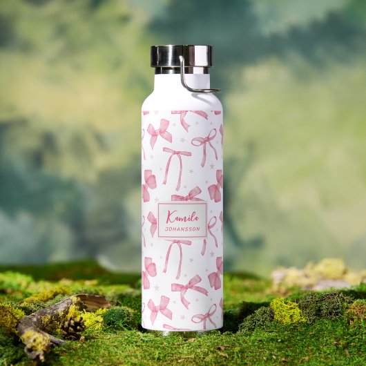 Pink Coquette Bow Custom Name  Water Bottle ウォーターボトル (アウトドア (回転後))