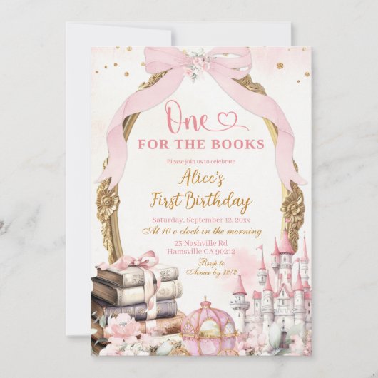 Pink Coquette Bow Fairytale Storybook 1st Birthday 招待状 (正面)