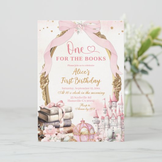 Pink Coquette Bow Fairytale Storybook 1st Birthday 招待状 (スタンド正面)