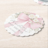 Pink Coquette Bow Floral Baby in bloom baby Shower ペーパーコースター (アングル)