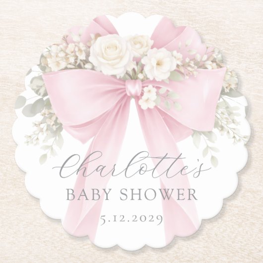 Pink Coquette Bow Floral Baby in bloom baby Shower ペーパーコースター (正面)