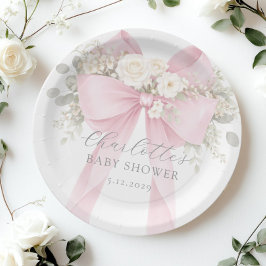 Pink Coquette Bow Floral Baby in bloom baby Shower ペーパープレート