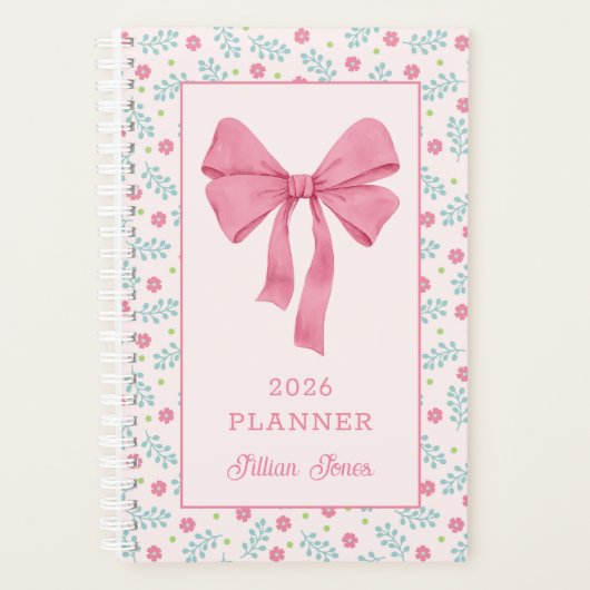 Pink Coquette Bow Floral Pattern Custom Name プランナー手帳 (正面)