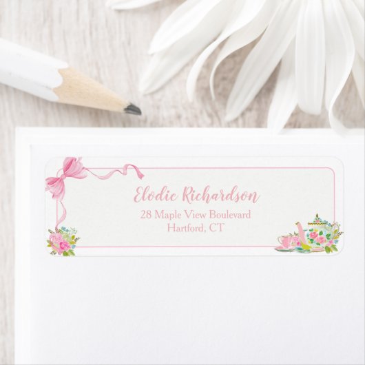 Pink Coquette Bow Floral Return Address ラベル (インサイチュ)