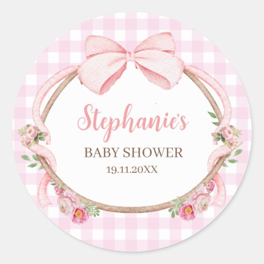 Pink Coquette Bow Gingham ラウンドシール (正面)