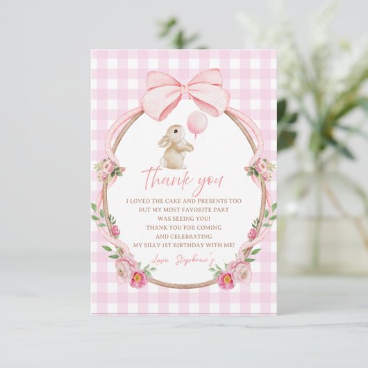 Pink Coquette Bow Gingham Bunny Thank You Card サンキューカード (スタンド正面)