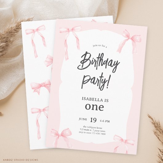 Pink Coquette Bow Girl 1st Birthday Invitation 招待状