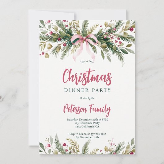Pink Coquette Bow Grandmillennial Christmas Wreath 招待状 (正面)