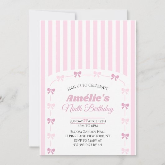 Pink Coquette Bow Ninth Birthday Party  招待状 (正面)