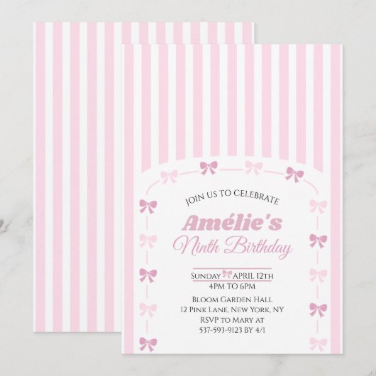 Pink Coquette Bow Ninth Birthday Party  招待状 (正面/裏面)