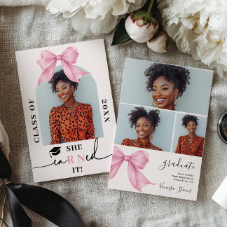 Pink Coquette Bow Nurse 4-Photo Graduation 招待状