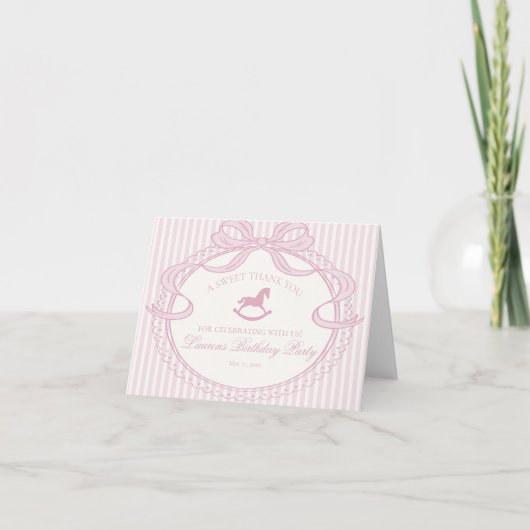 Pink Coquette Bow Rocking Hors Birthday Thank You  サンキューカード (正面)