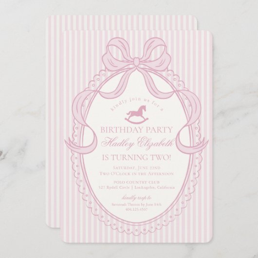 Pink Coquette Bow Rocking Horse Birthday 招待状 (正面/裏面)