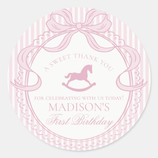 Pink Coquette Bow Rocking Horse Birthday Favor ラウンドシール (正面)