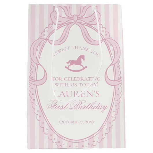 Pink Coquette Bow Rocking Horse Birthday Favors ミディアムペーパーバッグ (正面)