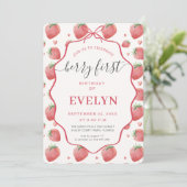Pink Coquette Bow Strawberry Berry First Birthday 招待状 (スタンド正面)