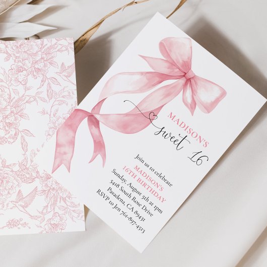 Pink Coquette Bow Sweet 16 Birthday Party 招待状