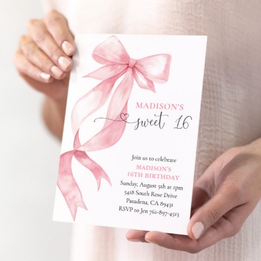 Pink Coquette Bow Sweet 16 Birthday Party 招待状