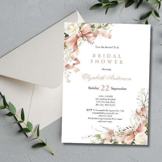 Pink Coquette Bow Watercolor Floral Bridal Shower 招待状