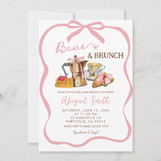 Pink coquette bows and brunch baby shower 招待状 (正面)