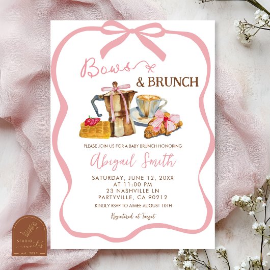 Pink coquette bows and brunch baby shower 招待状
