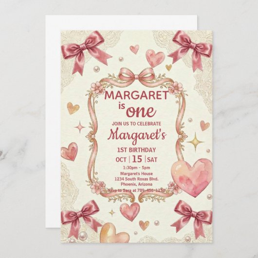 Pink Coquette Bows Birthday 招待状 (正面/裏面)