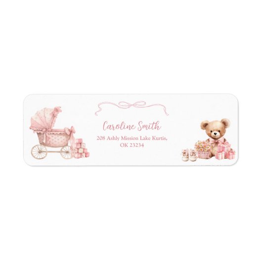 Pink Coquette Carriage Baby Shower Address Label ラベル (正面)