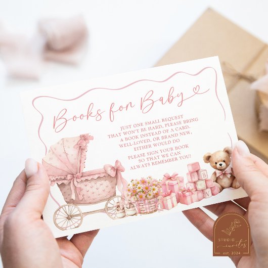 Pink Coquette Carriage Baby Shower Books for Baby エンクロージャーカード