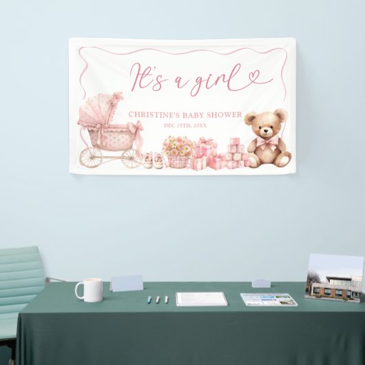 Pink Coquette Carriage Baby Shower Large Banner 横断幕 (トレードショー)