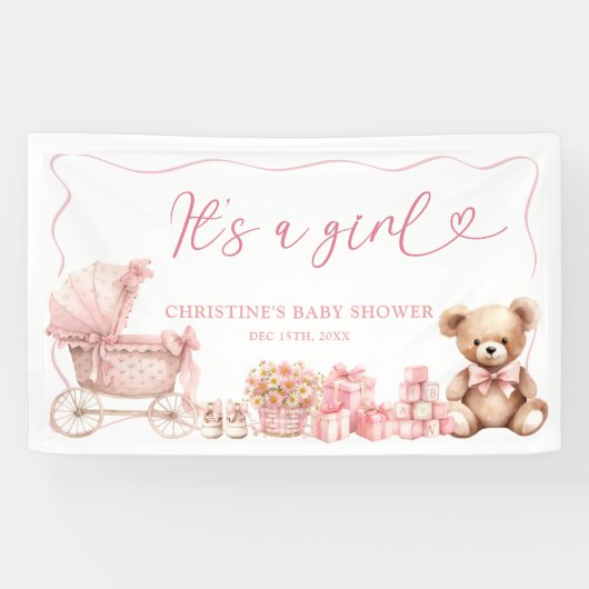 Pink Coquette Carriage Baby Shower Large Banner 横断幕 (横)