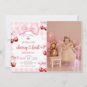 Pink Coquette Cherry First Birthday Party Photo 招待状 (正面)